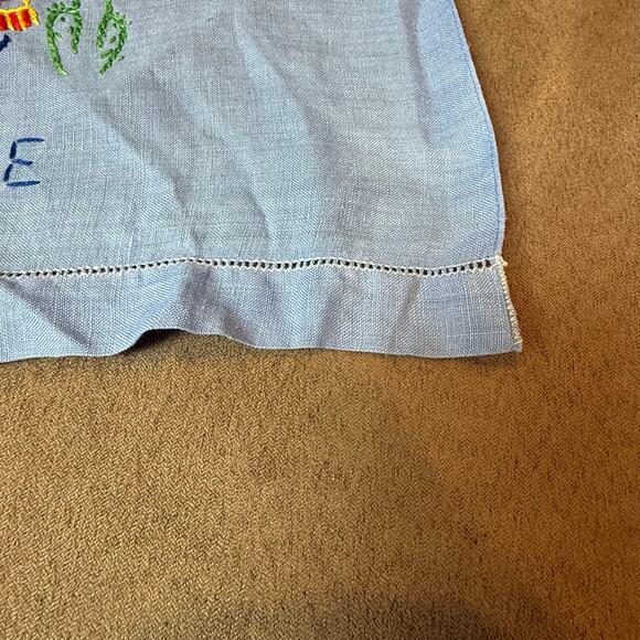 Vintage Blue Linen Tea Towel Hand Embroider Romance Mariachi Cat Sombrero - Picture 4 of 6